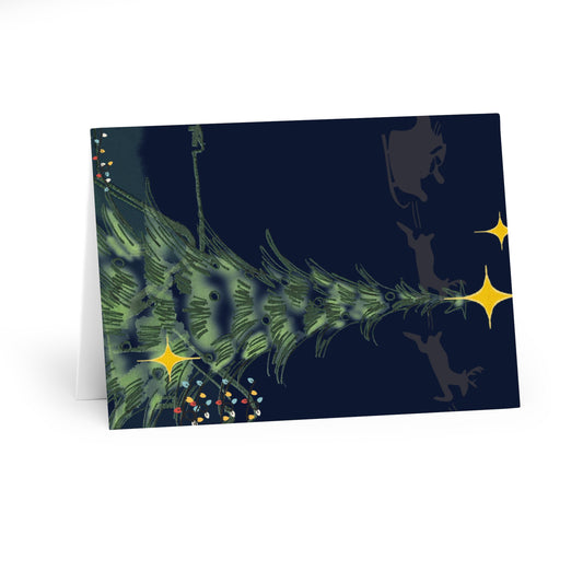 Greeting card with Christmas tree and reindeer design on a dark blue background